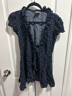 Sunday Best Navy Ruffle V-Neck Top with White Heart Print